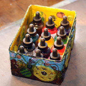 Decorated box filled with ink bottles