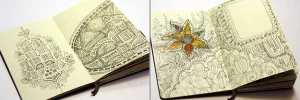 A couple of unfinished art journal pages with doodles, by Peony and Parakeet