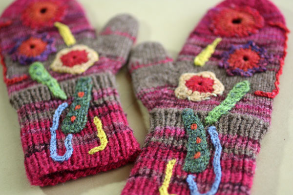 Collage mittens, knitting, crochet, by Peony and Parakeet