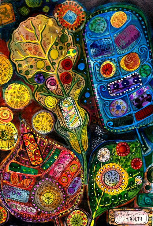 Textile inspired art. Leaves, a collage by Peony and Parakeet