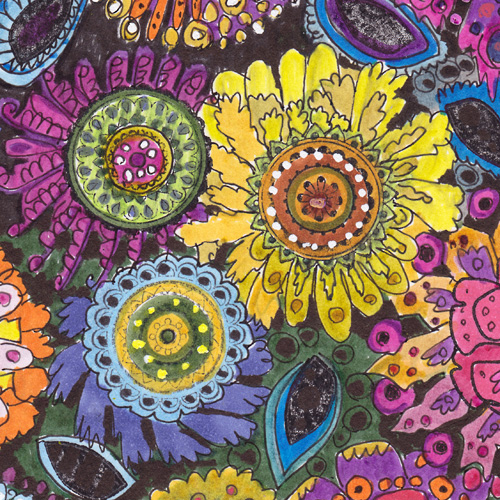 Rubber stamping and hand drawing by Peony and Parakeet, a detail