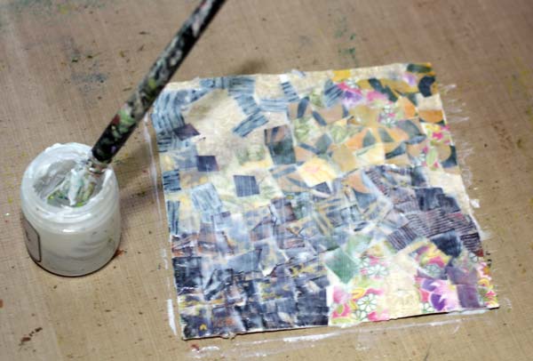 Creating a fabric collage, adding layers with gel medium, by Peony and Parakeet 