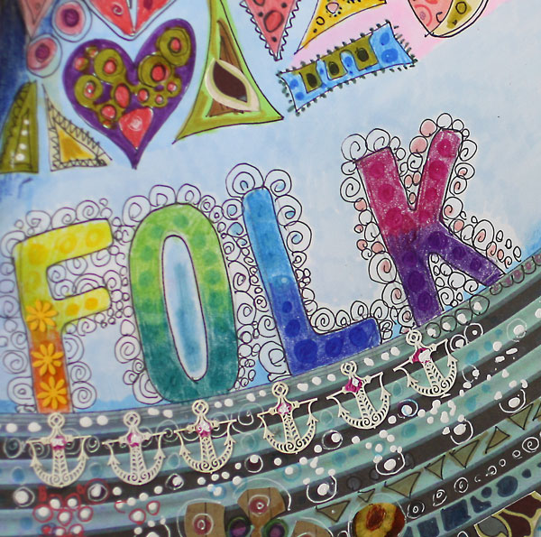 Folk art style art journaling. A detail of an art journal page by Peony and Parakeet