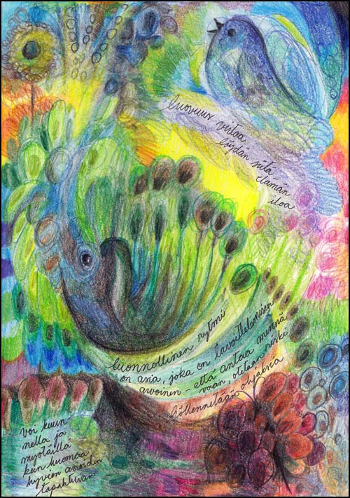 An art journal page by Peony and Parakeet. Four easy techniques to express yourself with colored pencils. 