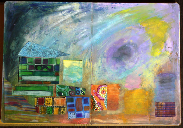 An art journaling page in progress. Faber & Castell Gelatos and handdecorated papers. Advice on mixing colors.