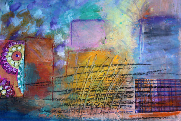 A detail of an art journal page spread by Peony and Parakeet. Advice on mixing colors.