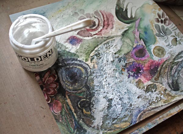 Making of a mixed media collage by Peony and Parakeet. Read more about using fiber paste and imitating gobelin tapestry.