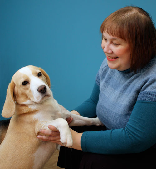 Paivi from Peony and Parakeet and her beagle Stella in the new art studio.