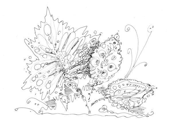 three leaves, a line drawing by Peony and Parakeet