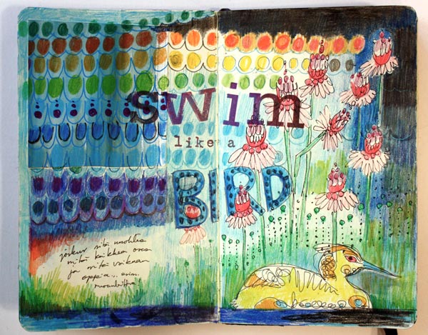 Swim like a bird, an art Journal page spread by Peony and Parakeet