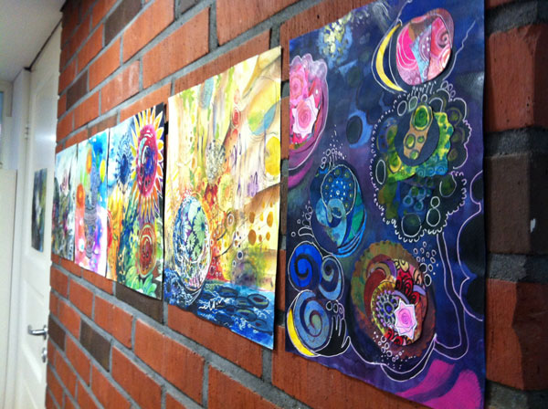 Paintings on the wall at the studio, by Peony and Parakeet. See the video of the studio decorated for the intuitive painting workshop!
