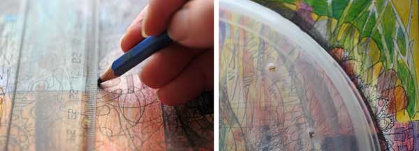 Drawing graphic shapes with colored pencils, by Peony and Parakeet