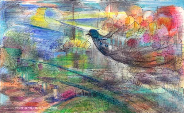 Flying with Balloons, an art journal page by Peony and Parakeet