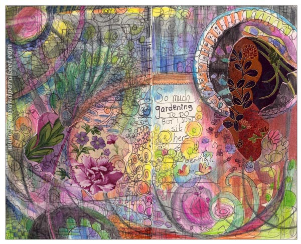 So Much Gardening to Do, an art journal page that uses fabric pieces. A fabric collage by Peony and Parakeet