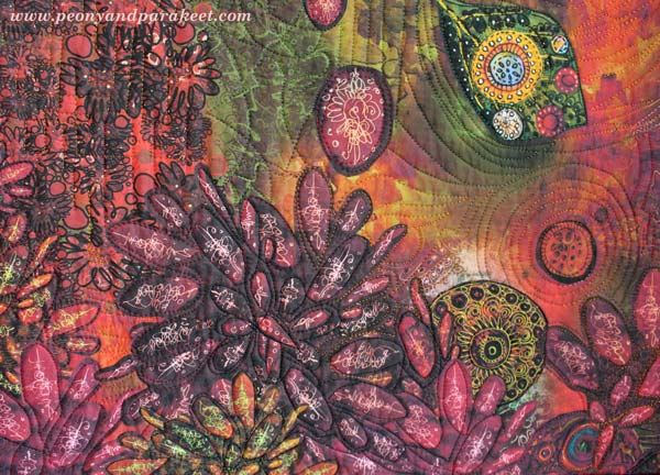 A detail of an art quilt using digitally printed design, by Peony and Parakeet