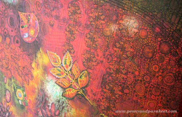 A detail of an art quilt using digitally printed design, by Peony and Parakeet