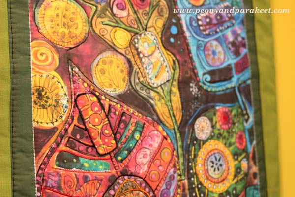 A detail of a digitally printed art quilt, by Peony and Parakeet