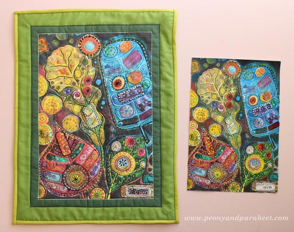 Original paper artwork and a fabric quilt made from it, by Peony and Parakeet