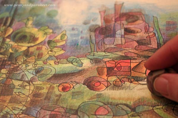 Erasing places for writing when art journaling with colored pencils, by Peony and Parakeet