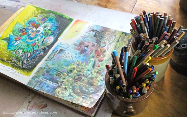 Creating an art journal page with colored pencils, by Peony and Parakeet