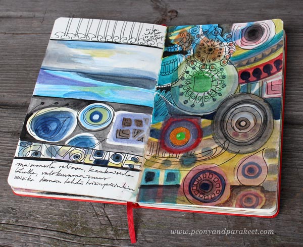 A sketchbook page spread by Peony and Parakeet