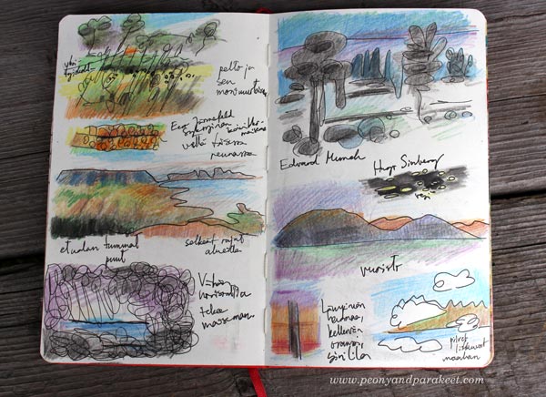 A sketchbook page spread by Peony and Parakeet