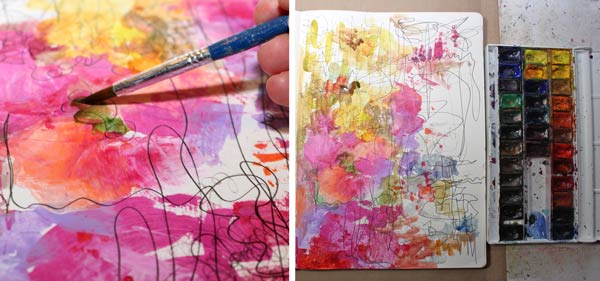 Painting with watercolors near acrylic paint spots. Finding a natural approach to creating art.
