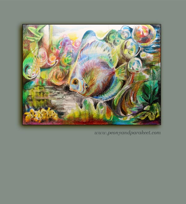 Discus Fish, an art journal page with colored pencils by Peony and Parakeet. This started as a realistic drawing and then moved forward.