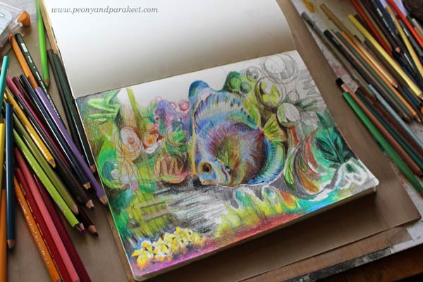 Coloring of an art journal page with colored pencils by Peony and Parakeet