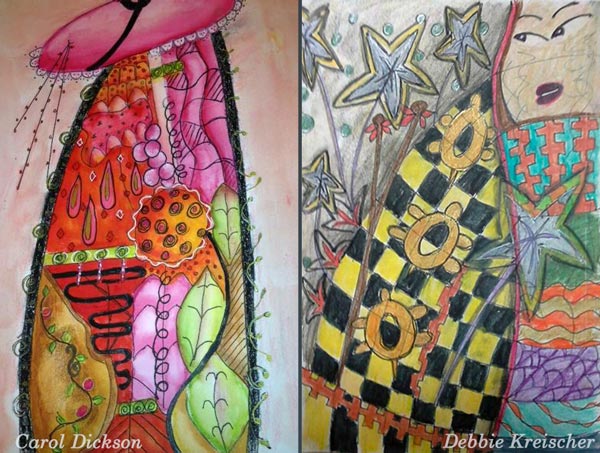 Carol Dickson and Debbie Kreischer, student artwork created at the class Inspirational Drawing