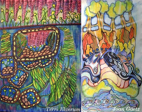 Terri Elverum and Joan Gaetz, student artwork created at the class Inspirational Drawing 