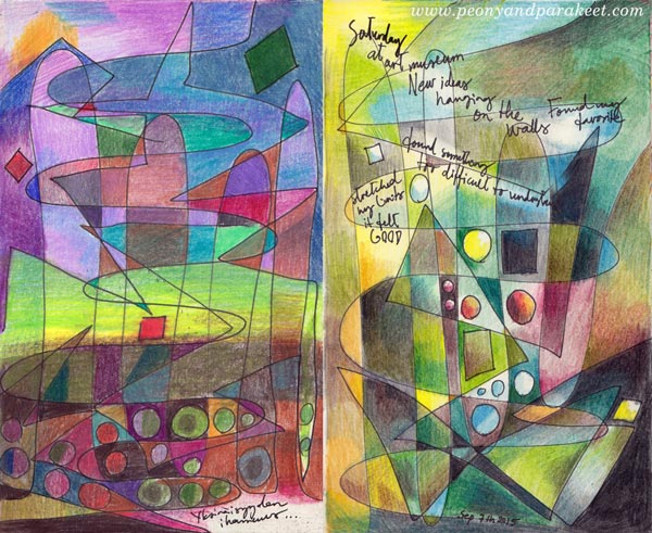 2 art journal pages created with the same idea, by Peony and Parakeet
