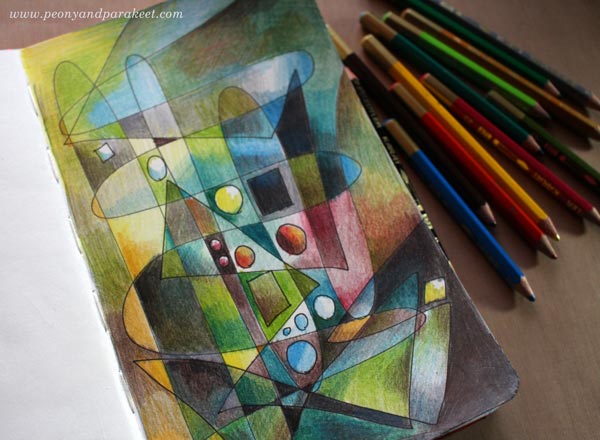 Coloring an art journal page with colored pencils, by Peony and Parakeet
