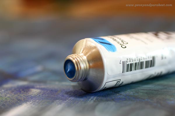 Cerulean Blue acrylic paint tube, read more about what acrylic colors to buy!
