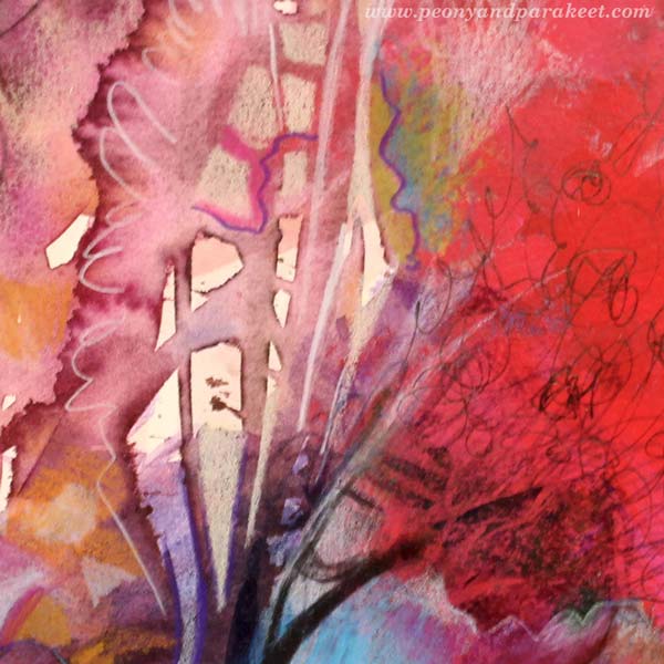 A detail of Harvest Stillife, a mixed media painting by Peony and Parakeet