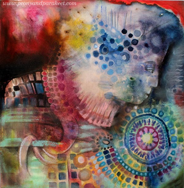 "Self-Portrait as a Knitter", a mixed media artwork by Peony and Parakeet