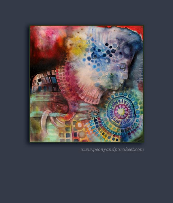 "Self-Portrait as a Knitter", a mixed media artwork by Peony and Parakeet. Creating both expressive and decorative art.