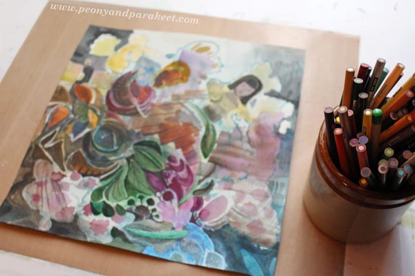 Creating a mixed media painting by Peony and Parakeet