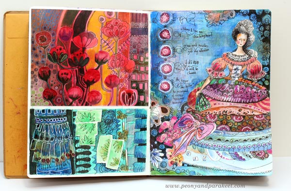 An art journaling spread by Peony and Parakeet