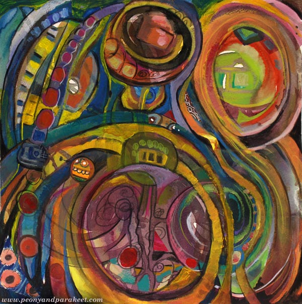 Wheel Mechanics, a mixed media painting by Peony and Parakeet
