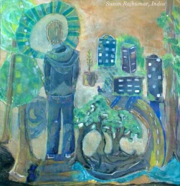 Susan Rajkumar, India. Student artwork from the online painting workshop Liberated Artist taught by Paivi Eerola from Peony and Parakeet