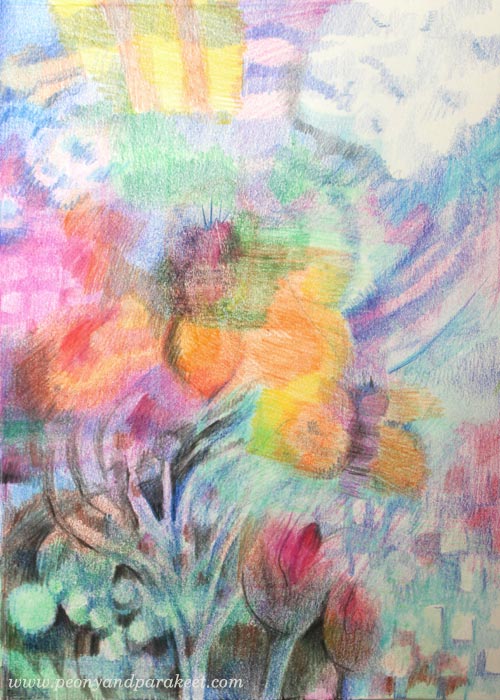 Spring Bee. An art journal page with colored pencils by Paivi Eerola from Peony and Parakeet. Coloring freely.