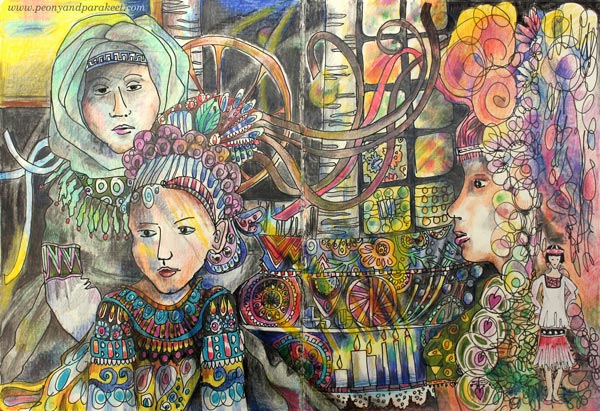 The Chain of Generations, an art journal page spread by Paivi Eerola from Peony and Parakeet