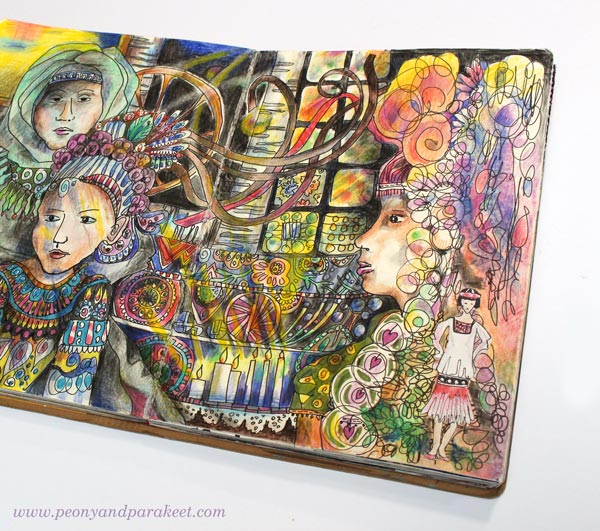 The Chain of Generations, an art journal page spread by Paivi Eerola from Peony and Parakeet