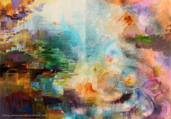 Explorer's Fountain, an art journal page spread by Paivi Eerola from Peony and Parakeet