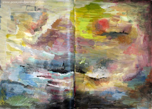 Explorer's Destination, an art journal page using a messy background, by Peony and Parakeet. See the video of the process!