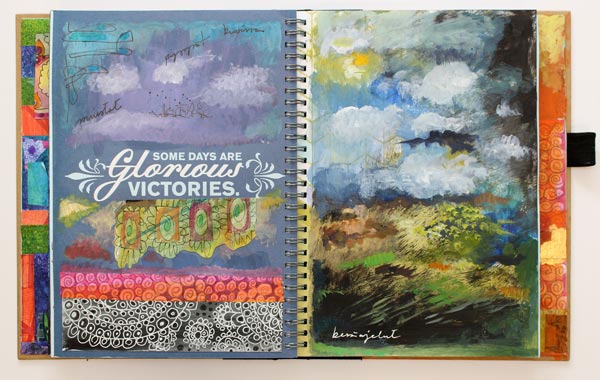 A spread in Peony and Parakeet's full art journal. See the art journal flip through video!