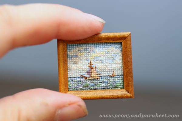 Miniature cross stitch sea painting. By Peony and Parakeet.