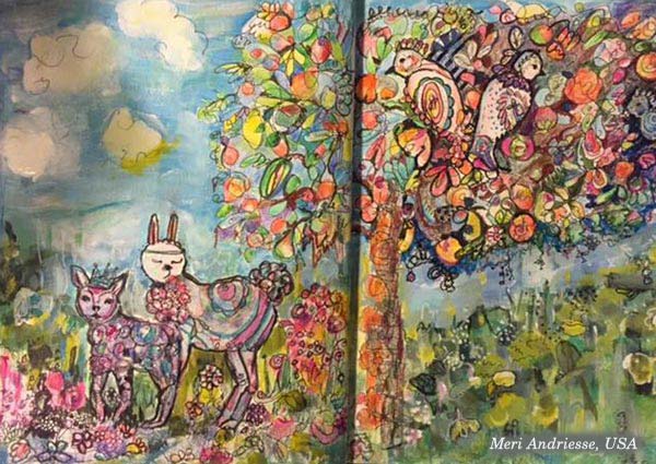 Meri Andriesse, USA, mixed media art created at the art journaling class Flowing Greenery