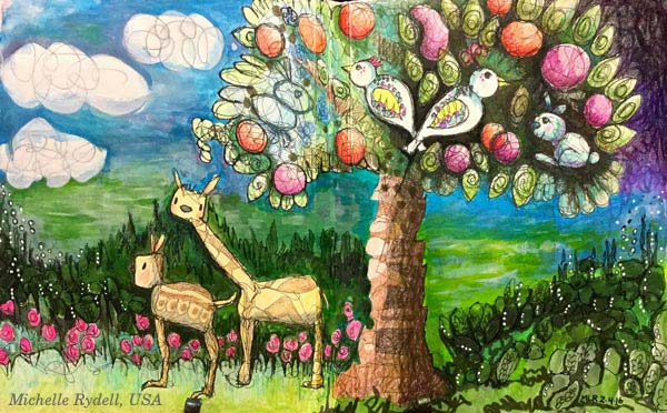 Michelle Rydell, USA, Terttu Laitinen, Finland, mixed media art created at the art journaling class Flowing Greenery